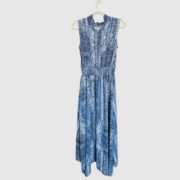 Nanette Lepore Stevie Snake-print Hi-Low Smocked-Waist Sleeveless Blue Dress - Picture 4 of 16